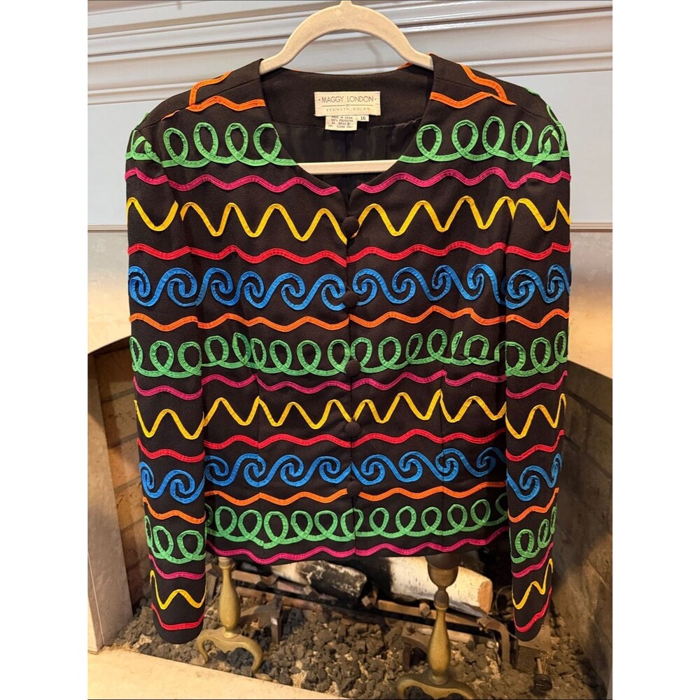 Maggy London Black Button-Front Jacket with Multicolor Decoration Size 16